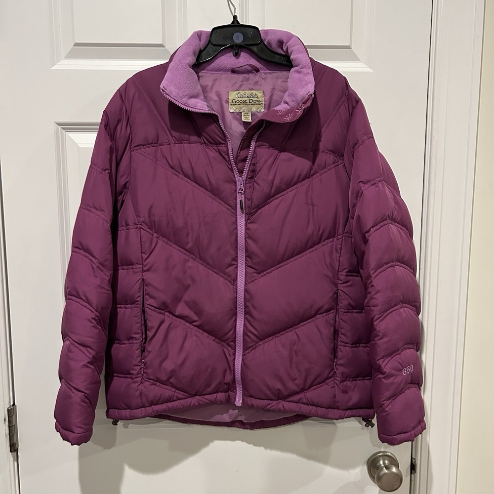 Cabelas Women Goose Down Puffer Jacket M 650 Fill Purple Chevron Coat 972815